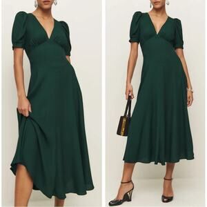 REFORMATION Naira Puff Sleeve Deep V Neckline Forest Green Midi Dress Size 12
